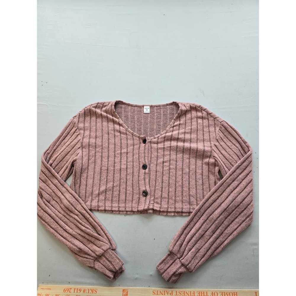SHEIN Teen Girls Mauve Pink Ribbed Knit Cropped Cardigan Balloon Sleeve Size 14Y